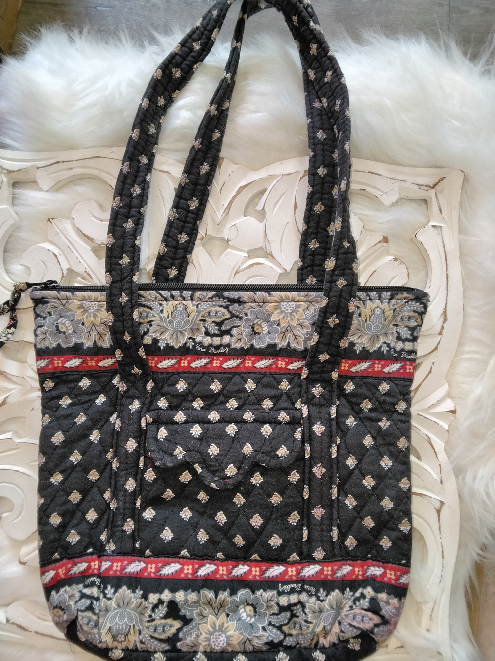 Vera Bradley Black Quilted Floral Shoulder Tote with Red Trim